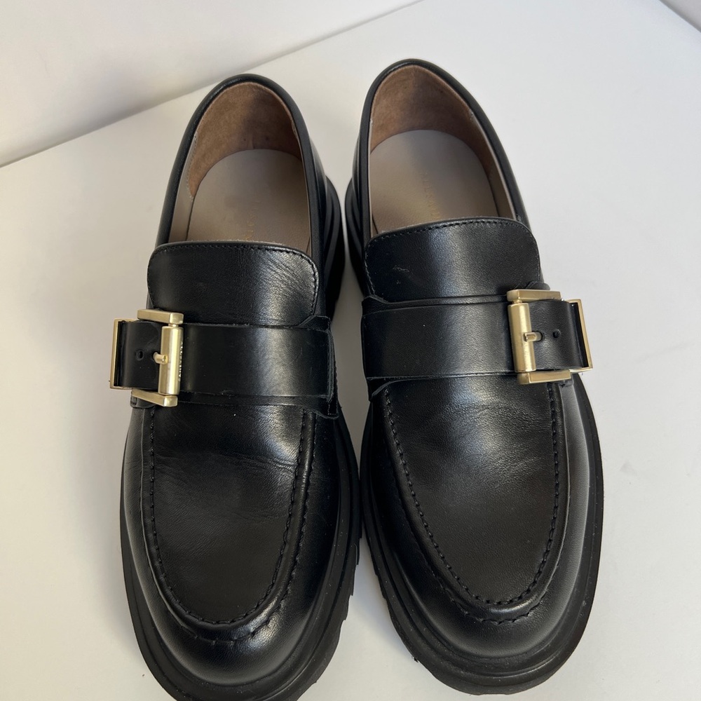 All Saints Black Leather Loafers with Gold Accent